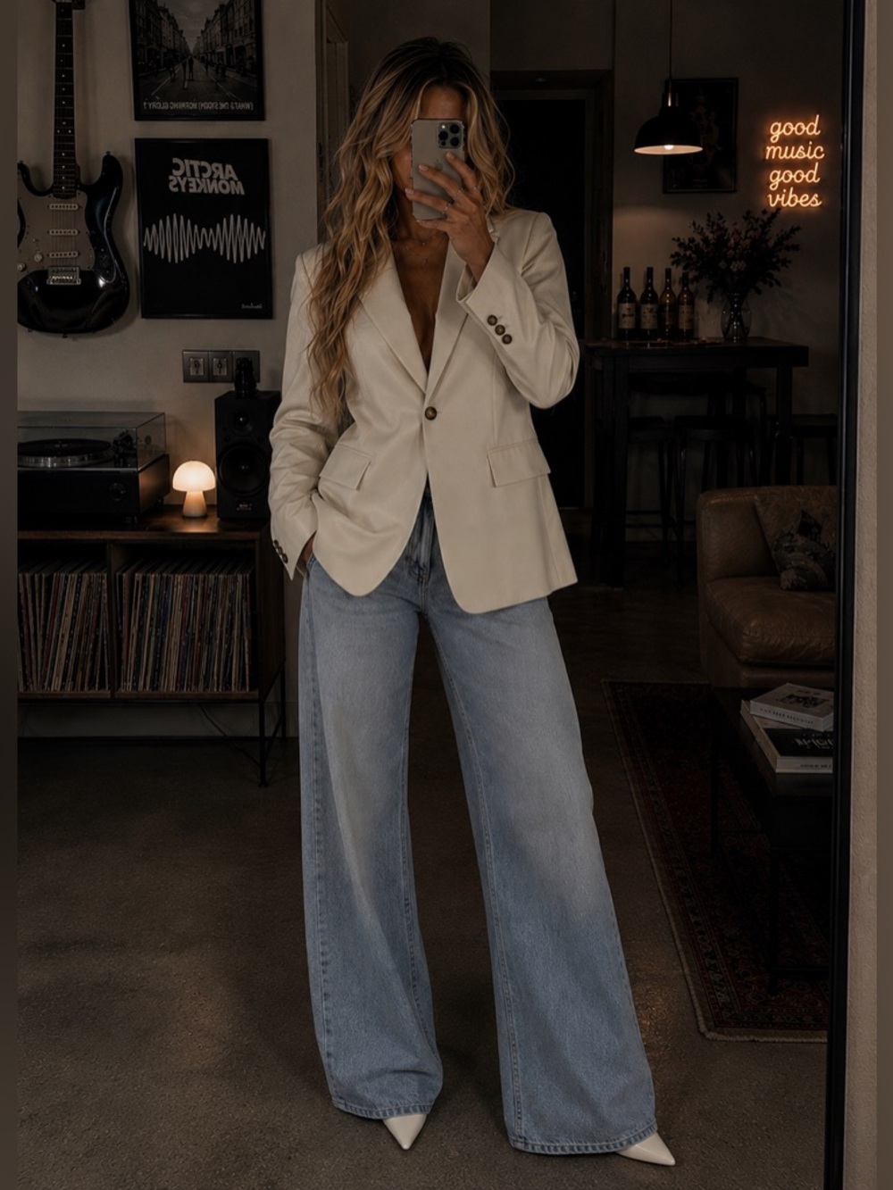 New Zara Beige Cream Oversized Faux Leather Boxy One Button Blazer Womens Small